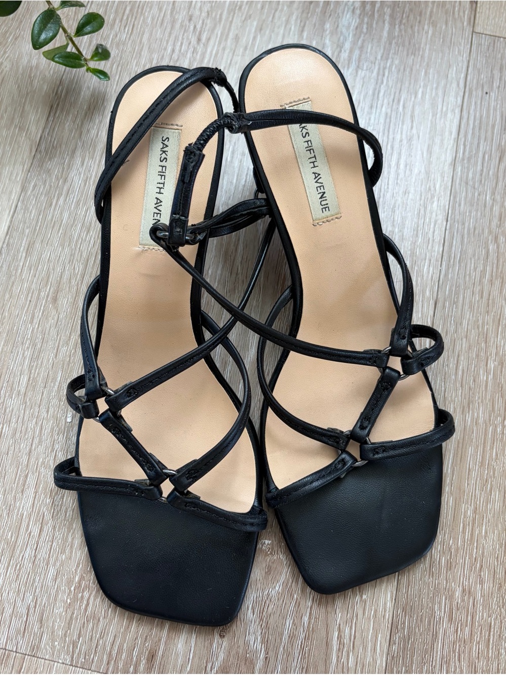 Saks Fifth Avenue Black Strappy Square Toe Stiletto Heels 8.5 9